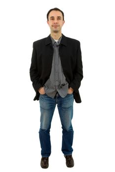 young casual man full body in a white background