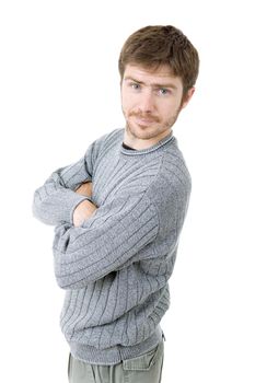 pensive young casual man portrait, isolated on white