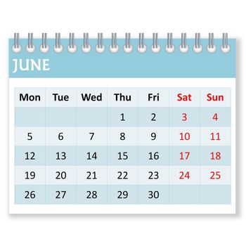 Calendar sheet for june month in white background, week starts from monday