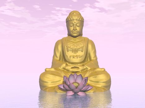 One golden buddha and lotus flower in pink background