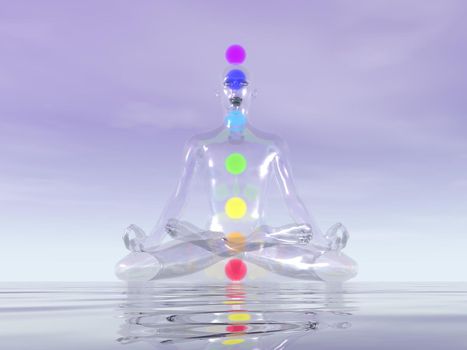 Transparent man made of glass meditating with seven colorful chakras inside upon ocean