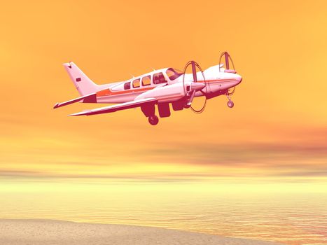Small plane flying upon beach and ocean in orange background