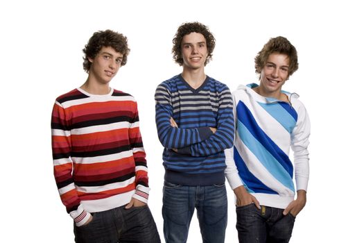 three young men standing, on a white background