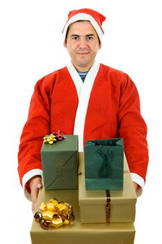 young man with santa hat holding some gifts, isolated