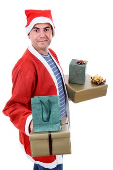 young man with santa hat holding some gifts, isolated