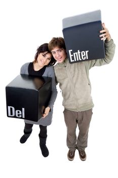 young couple with the enter and del keys