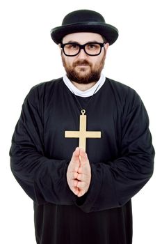 young man dressed as priest, isolated on white