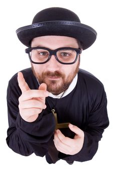 young man dressed as priest, isolated on white