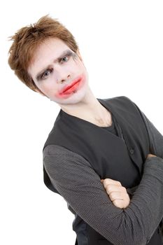 young man dressed as joker, isolated on white