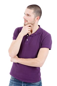 young casual man thinking, isolated on white