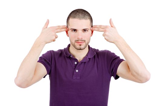 young casual man pointing to his head, isolated on white