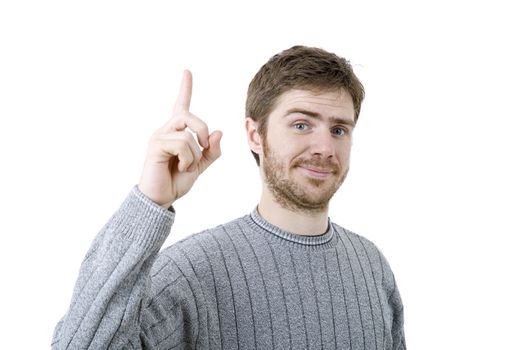 young casual man pointing, isolated on white