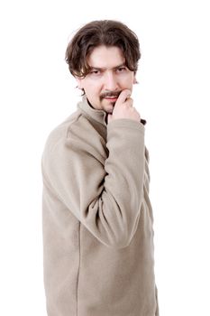 pensive young casual man portrait, isolated on white