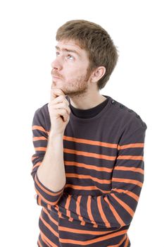 pensive young casual man portrait, isolated on white