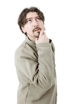 pensive young casual man portrait, isolated on white