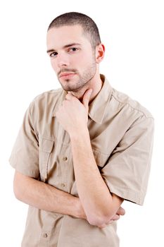 pensive young casual man portrait, isolated on white