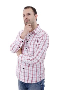 pensive young casual man portrait, isolated on white