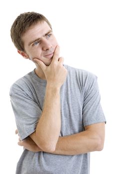 pensive young casual man portrait, isolated on white