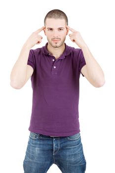 pensive young casual man portrait, isolated on white