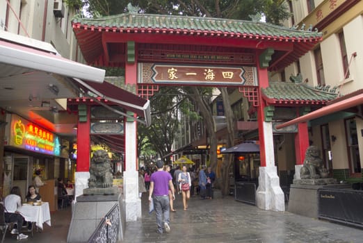 Sydney, Australia-March 15th 2013:: Chinatown gate (Paifang) on Dixon Street. Sydney has the largest Chinatown in Australia