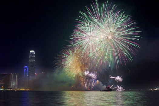 HONG KONG - FEBRUARY 1, Hong Kong Chinese New Year Fireworks at Victoria Harbour, Hong Kong on 1 February, 2014. It is the celebration of year of horse and lasts for 30 minutes.