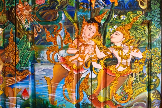 Thai style painting art on windows in thai temple