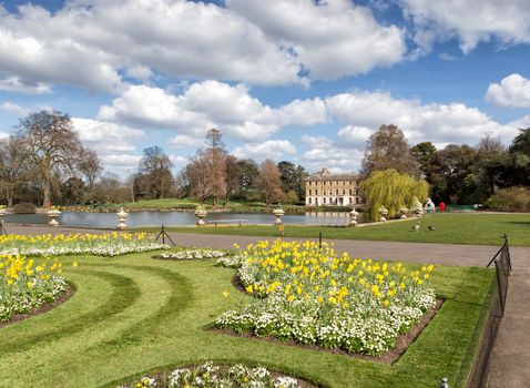 Beautiful pond and spring flowers in the park