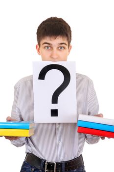 Anxious Student with the Books and Question Mark Isolated on the White Background