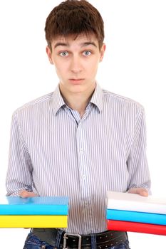 Anxious Student with the Books Isolated on the White Background