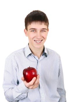 Handsome Teenager with an Apple Isolated on the White Background