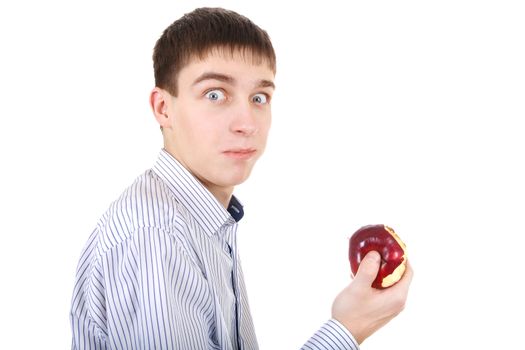 Surprised Teenager with an Apple Isolated on the White Background