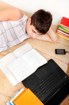 Teenager doing Homework on the Sofa at the Home