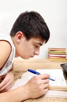 Side view of the Teenager doing Homework at the Home