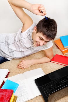 Cheerful Teenager doing Homework on the Sofa at the Home