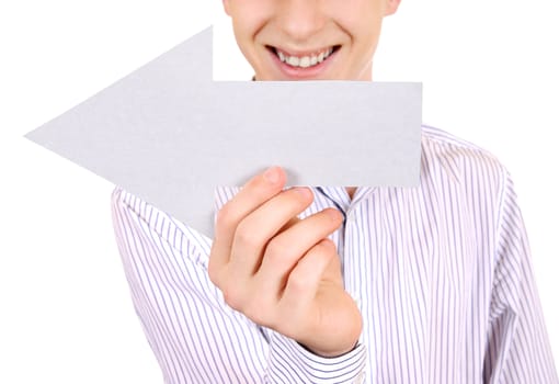 Happy Teenager hold White Arrow shape on the White Background