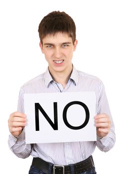 Angry Teenager hold slogan NO on the White Background