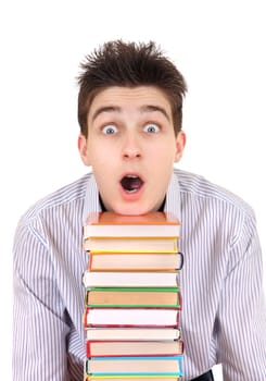 Surprised Teenager behind the Books Isolated on the White Background