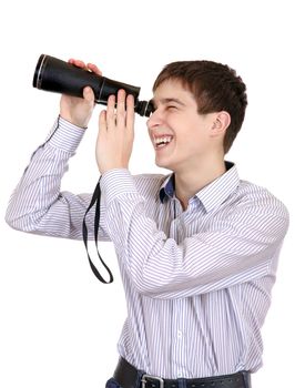 Cheerful Teenager is Spying for Someone on the White Background