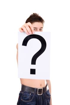 Teenager showing a Paper with Question Mark on the White Background