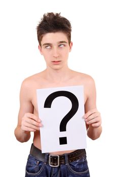 Confused Teenager holding a Paper with Question Mark on the White Background