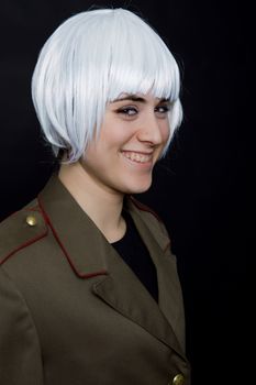 young woman with a russian army coat and a white wig