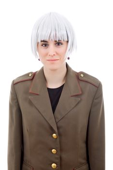 woman with a russian army coat and a white wig, isolated