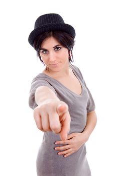 young happy beautiful woman pointing, isolated in white