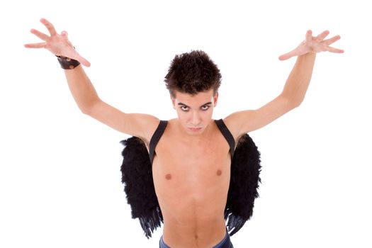 young casual teen man with wings, on white