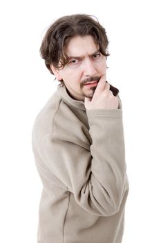 pensive young casual man portrait, isolated on white