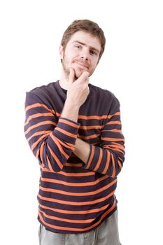 pensive young casual man portrait, isolated on white