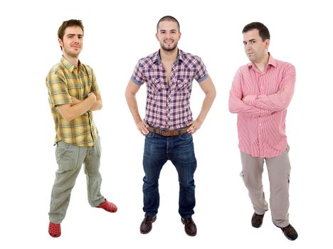 three young man full length, isolated on white