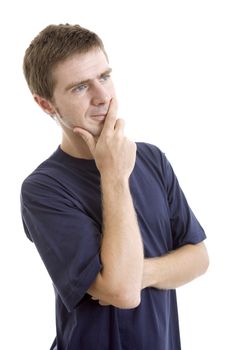 pensive young casual man portrait, isolated on white