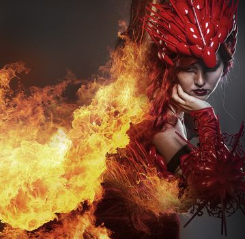 Girl on fire, Steampunk, beautiful woman dressed in red armor dragon scales