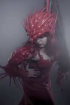 Steampunk, beautiful woman dressed in red armor dragon scales